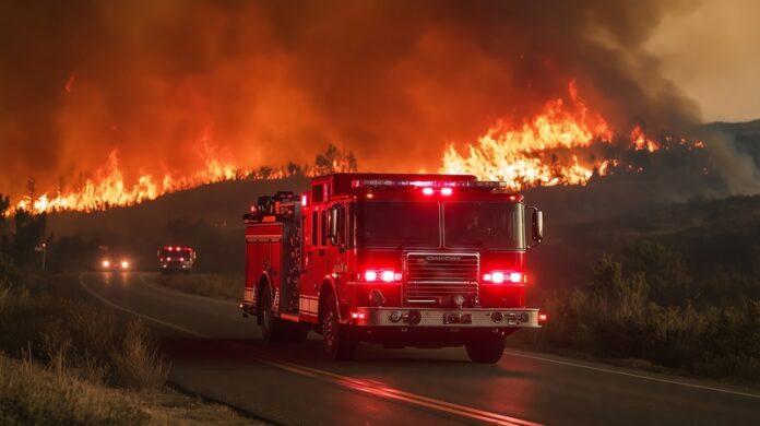 wildfire, fire truck, firefighters, emergency response, flames, hillside fire, natural disaster, evacuation