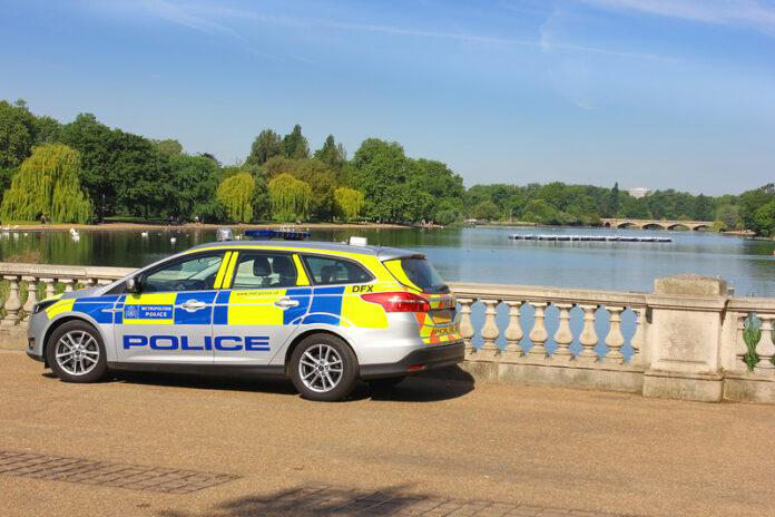 police, police car, police vehicle, lake, park, patrol, law enforcement, waterfront