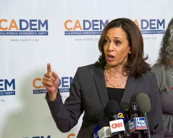 Kamala Harris, Vice President, Senator, California Democratic Party, CADEM, press conference, CNN, Fox News, microphones, podium