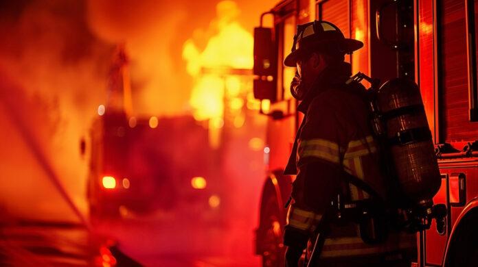firefighter, fire, flames, fire truck, emergency response, night fire, firefighting, blaze